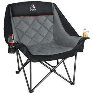 Oversized XL Camping Chair for Adults Heavy Duty | 450LBS Support Padded Folding Lawn Chairs with Side Pocket Cup Holder Cooling Bag for Outdoor Sports Garden Beach Fishing (Black)