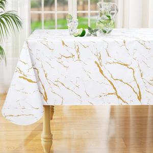 misaya Rectangle Waterproof Vinyl Table Cloth, Wipeable Tablecloth with Flannel Backing, Plastic Table Cover for Dinner, Picnic, Indoor and Outdoor (White Gold Marble, 60" x 84")