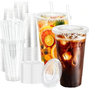 100 Pack 24 oz Clear Plastic Iced Coffee Cups with Lids & Straws