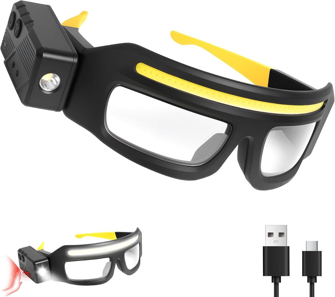 LED Rechargeable Headlight Glasses with Motion Sensor & Touch Control, Safety Glasses with Lights 5 Modes USB C Light Up Glasses for Outdoor Running Camping Hiking Work (Yellow)