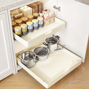 Kitstorack Adhesive Pull Out Cabinet Organizer, Cream White, Thickened Steel Flat Bottom, 20" W x 21" D,No Drill Slide Out Drawers for Kitchen, Bathroom, Pantry,Roll Out Shelves,1 Pack