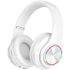 Wireless Bluetooth Headphones, Colorful LED Lights Comfort Over Ear Foldable Headset with Built-in Microphone, FM, SD Card Slot, Wired for School/Tablet Computer/PC/TV/Cellphones/Travel (White)