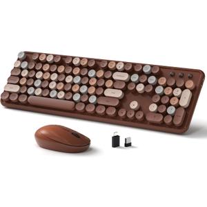 Wireless Keyboard and Mouse, Full-Size Retro Typewriter Keyboard with Round Keycaps, 2.4GHz for Windows, Mac, Laptop, PC, Desktop (Coffee Colorful)