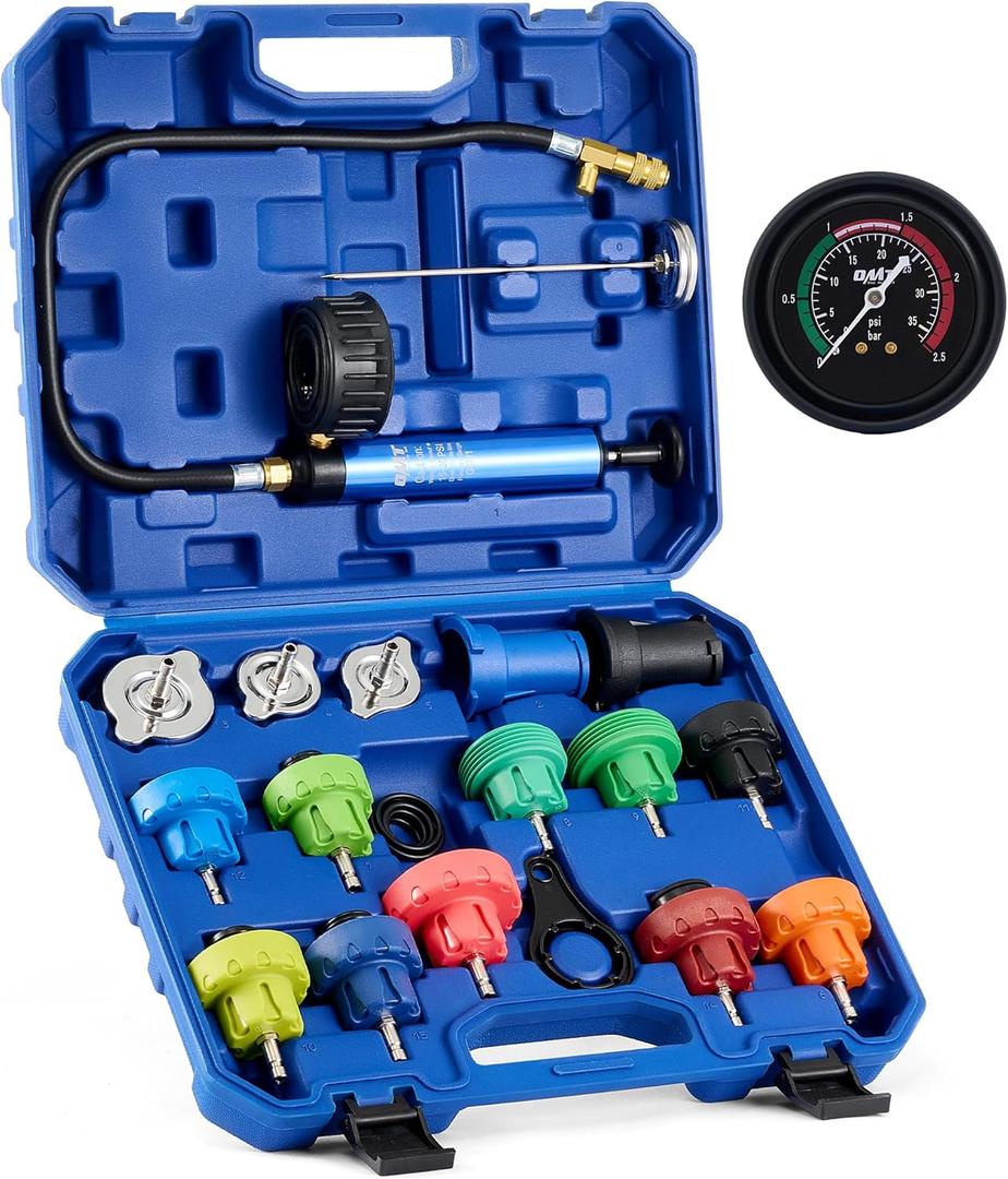 Orion Motor Tech Coolant Pressure Tester Kit, 19pc Radiator Pressure Tester Kit with 15 Radiator Adapters & Wrench, Cooling System Pressure Tester Kit with Vacuum Pump & Probe Thermometer (Blue)