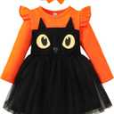 Noubeau Toddler Baby Girl Halloween Outfits Long Sleeve Ruffle Fall Winter Dress Layers Tulle Skirt Set Halloween Dresses (Black)
