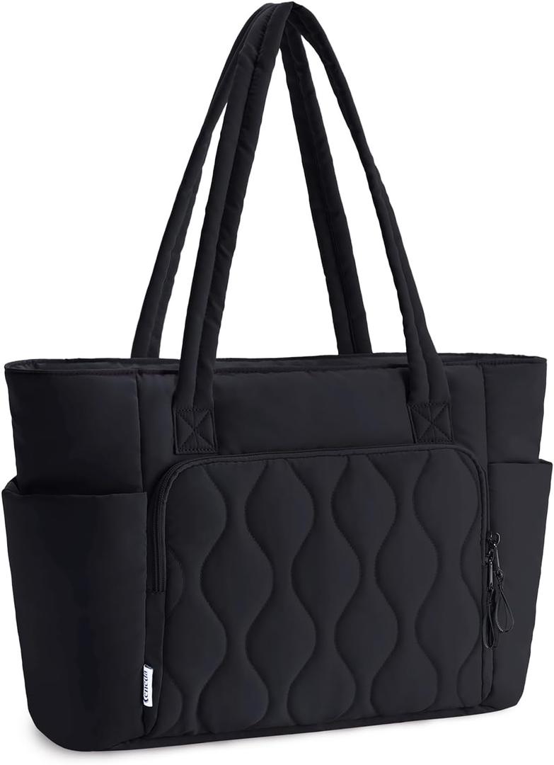 Ceneda Tote Bag for Women With 40oz Cup Holder, Puffer Work Laptop Tote Bag With Zipper for Travel, Teacher, Nurse (Black-1)