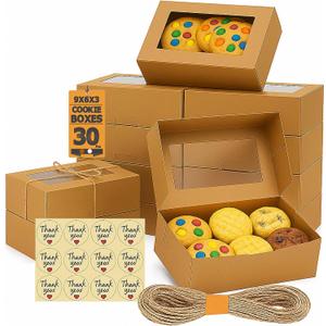 Leafiew 30 Pack Cookie Boxes with Window for Gift Giving 9x6x3 Inches Bakery Boxes - Small Cookie Containers for Treats, Desserts, Strawberries, Cupcake, Pastry, Charcuterie, Baked Goods (Brown)