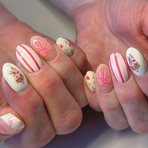 Valentine French Tip Lip Print Press on Nails Short Oval Fake Nails with Pink Bow Designs Colorful Stripe Nails Press ons Tulip Spring Glue on Nails Gradient Acrylic False Nails for Women Girls 24Pcs