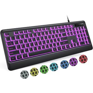 Backlit Computer Keyboards, Wired USB LED Keyboard with 7 Colors Backlight, Plug and Play, Waterproof, Full Size Quiet Computer Keyboard for Windows Desktop, PC, Laptop, Gaming (Black)
