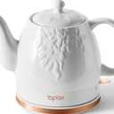 Toptier Electric Ceramic Tea Kettle, Boil Water Quickly and Easily, Detachable Swivel Base & Boil Dry Protection, Carefree Auto Shut Off, 1 L, White Leaf