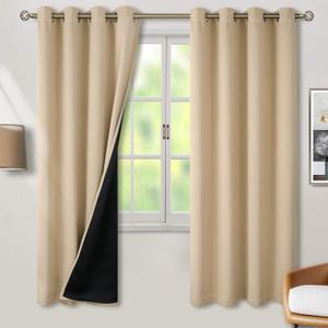 BGment Thermal Insulated 100% Blackout Curtains for Bedroom with Black Liner, Double Layer Full Room Darkening Noise Reducing Grommet Curtain (46 x 72 Inch, Beige, 2 Panels)
