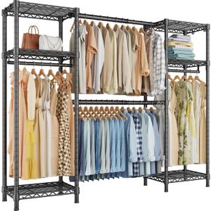 Ulif E7 Garment Rack, Heavy Duty Clothes Storage System with Extendable Hangers Rods, Metal Clothe Rack with 6 Wire Shelves, (52.3"-72") W x 14.5" D x 71.2" H, Load 838 LBS (Black)