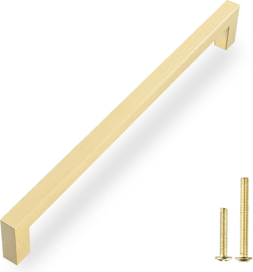 QOGRISUN 2 Pack Solid Brass Cabinet Pulls, 11-1/4 Inch Hole Center, Brushed Matte Gold Square Drawer Handles, Modern Brass Hardware for Kitchen Dresser Bathroom Cupboard Furniture