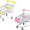 2 Pcs Mini Shopping Cart Small Supermarket Cart Metal Shopping Utility Supermarket Handcart Trolley, Yellow and Pink