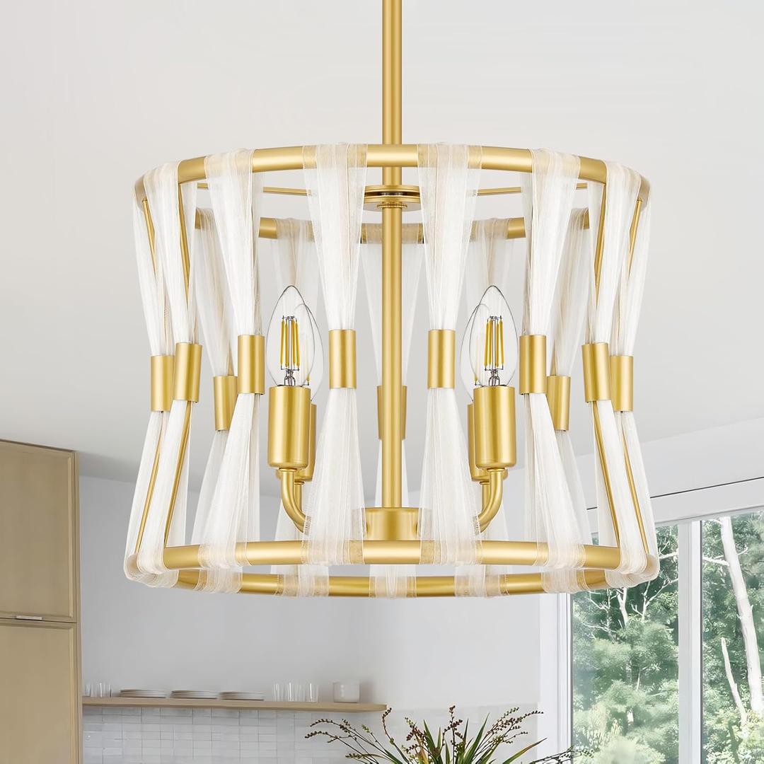 Gold Chandeliers for Dining Room, 15" 4-Light Modern Drum Chandelier Light Fixtures for Dining Room, Kitchen Island, Over Table, Entryway, Foyer, E12