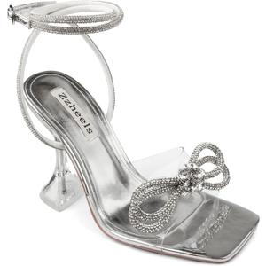 Zzheels Double Bowknots Crystal Sandals Clear Slingback Heels Square Toe Shoes for Party Wedding (Silver, 9 US)