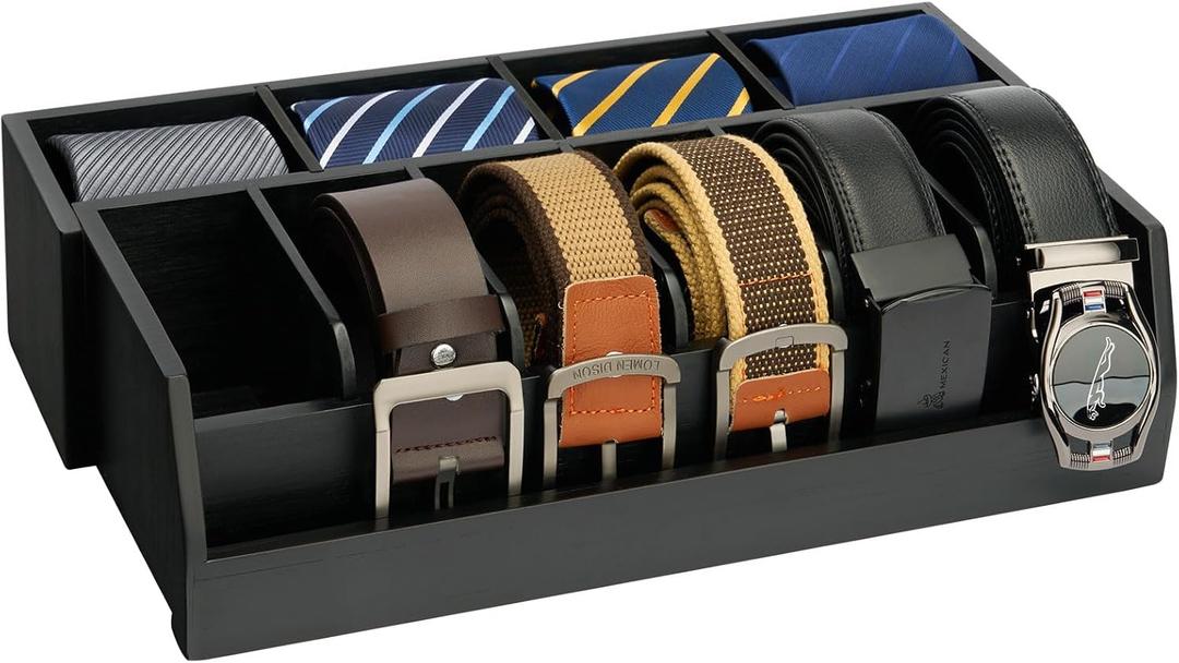 Ikkle Wooden Belt Organizer Box, 10 Compartment Belt & Tie Storage, Closet & Drawer Display Case, Large Holder (Black)