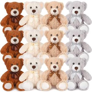 12 Pcs 14 Inch Valentine's Day Bear Stuffed Animal Bulk Gifts Bulk Soft Plush Stuffed Bear for Bridal Anniversary Centerpiece Baby Shower Party Favor (Light Brown, Dark Brown, White, Grey)