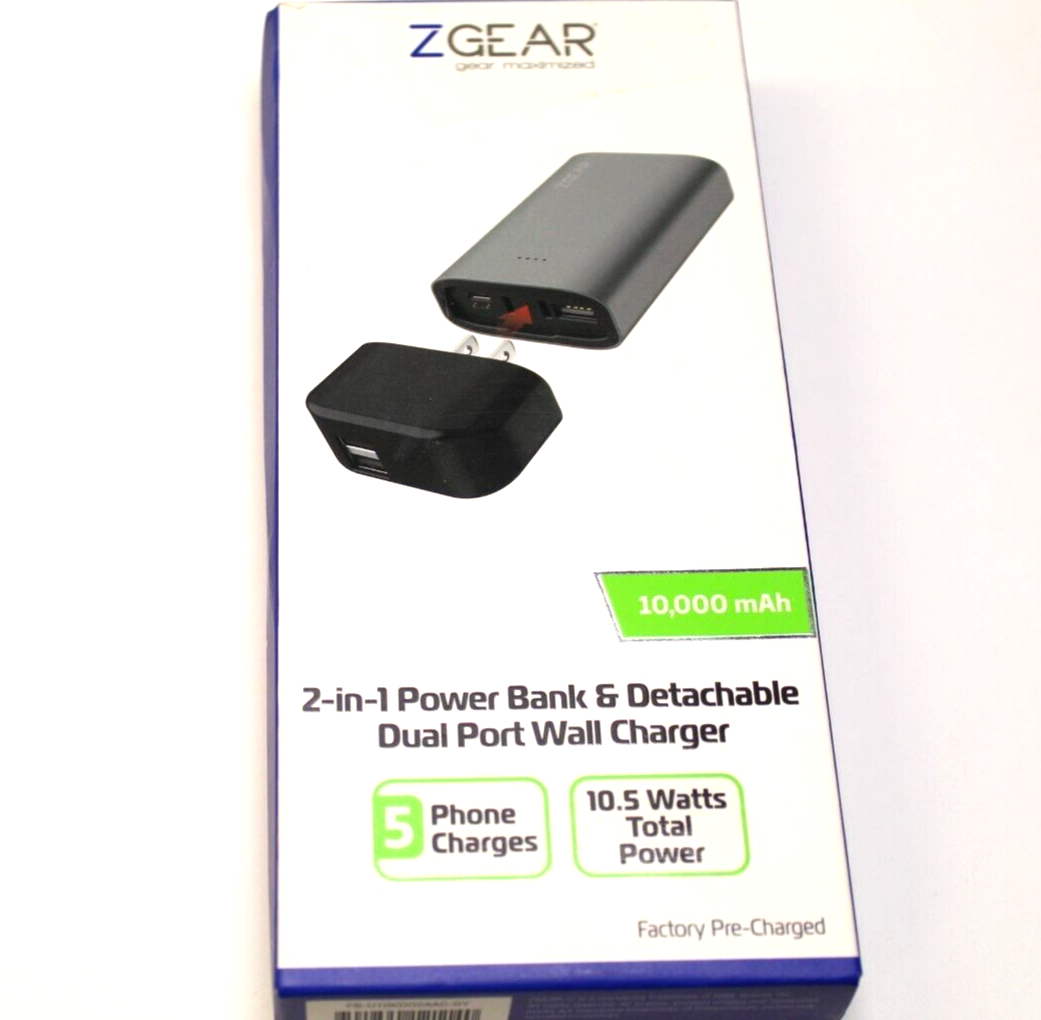 Zgear 2 In 1 Power Bank & Detachable Dual Port Wall Charger