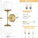 KoKo&Yukina Mid Century Modern Bathroom Lights Gold Vanity Light Fixtures Globe Sconce 2-Light Bathroom Gold Vanity Light Mid Century Glass Globe Wall Lights
