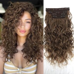 Clip in Hair Extensions,LEOSA 4PCS 16 inch Curly Hair Extensions Short Soft Natural Hairpiece Lace Weft Curly Wave Clip Ins Extensions Invisible for Women,Medium Brown