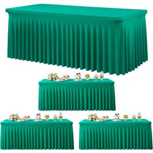 3 Pack Emerald Green Spandex Tablecloth for 6 Foot Rectangle Tables, Wrinkle Free Fitted Table Cloth Cover 6ft Green Stretchy Tablecloths with Skirt for Parties Weddings Birthday Banquet Baby Shower