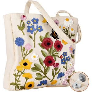Miss Adola Embroidery Canvas Tote Bag for Women - Reusable Tote with Buckle Aesthetic Cute Shoulder Bag for Shopping, Grocery