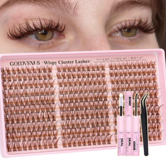 Brown Lash Clusters Kit Natural 300Pcs Wispy Lashes Cluster Eyelash Cluster Extensions Kit C Curve Individual Lashes Extensions Kit For DIY Waterproof & Long  Lasting (Light Brown1016mm)