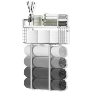 Towel Racks for Bathroom, Bathroom Shelf Over Toilet,Floating Shelves with Towel Rack Paper Holder Storage Basket,Floating Shelves for Wall Decor,Silver (Large)