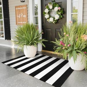 Collive Black and White Outdoor Striped Rug 24"x 51", Cotton Woven Front Porch Rug Decor,Washable Front Door Rugs, Farmhouse Layered Door Mats Outdoor for Entryway Entrance