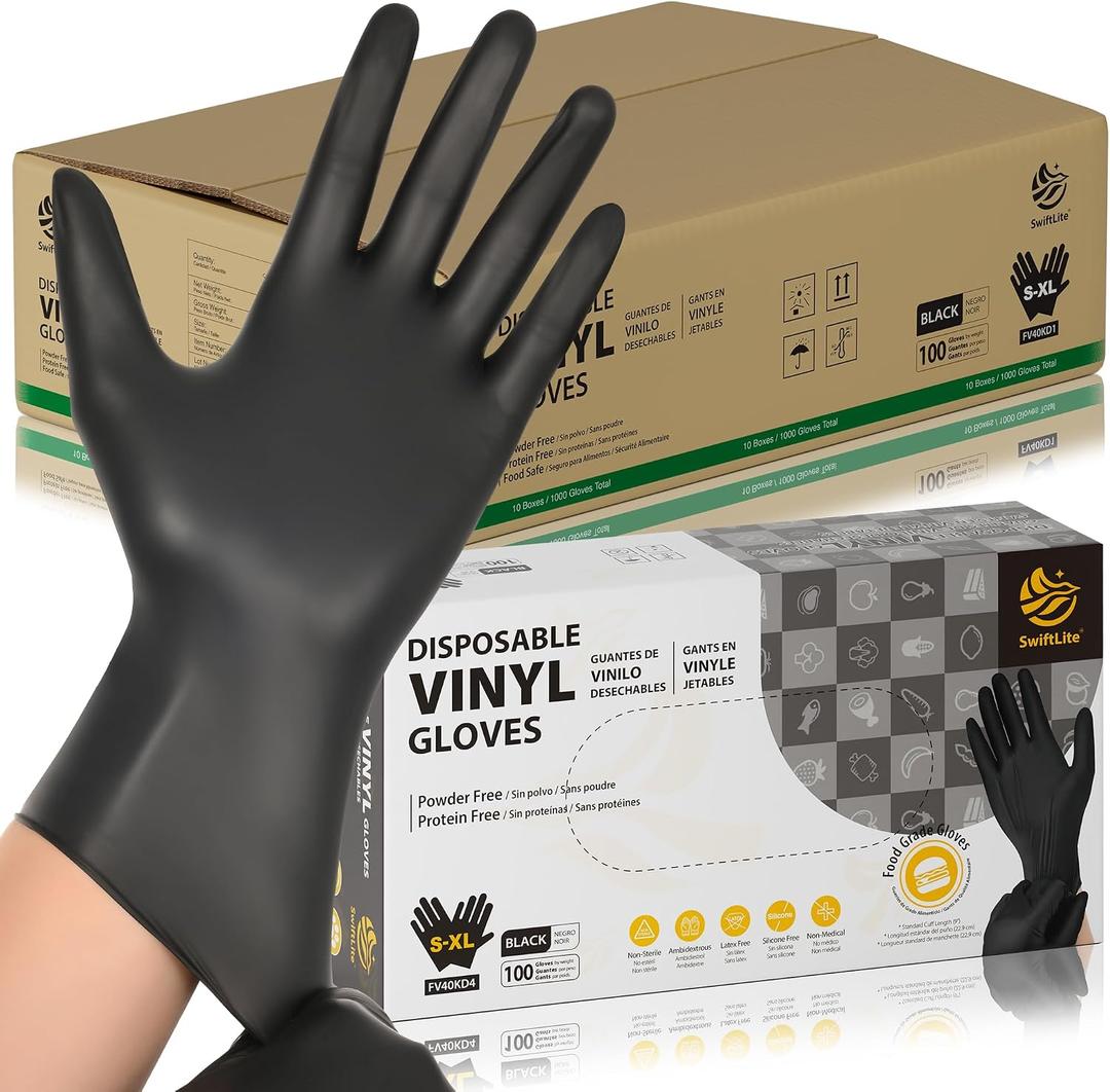 SWIFTLITE Black Vinyl Gloves, Food Grade Gloves Disposable Latex Free & Powder Free, Guantes for Cleaning Cooking Food Prep (1000, Small)