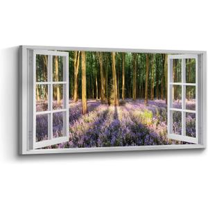 the stream design Forest Canvas Wall Art Decor: Window View Picture Tree Scenery Painting Nature Landscape Print Relaxing Sunset Purple Lavender Flower Photography Living Room Bedroom Home Artwork