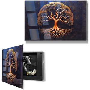 Biometric Gun Safe for Handgun, Pistol Safe with Fingerprint & KEY Access, Tree of Life Tempered Glass Hidden Gun Storage with Decor Function For Wall-Mounted