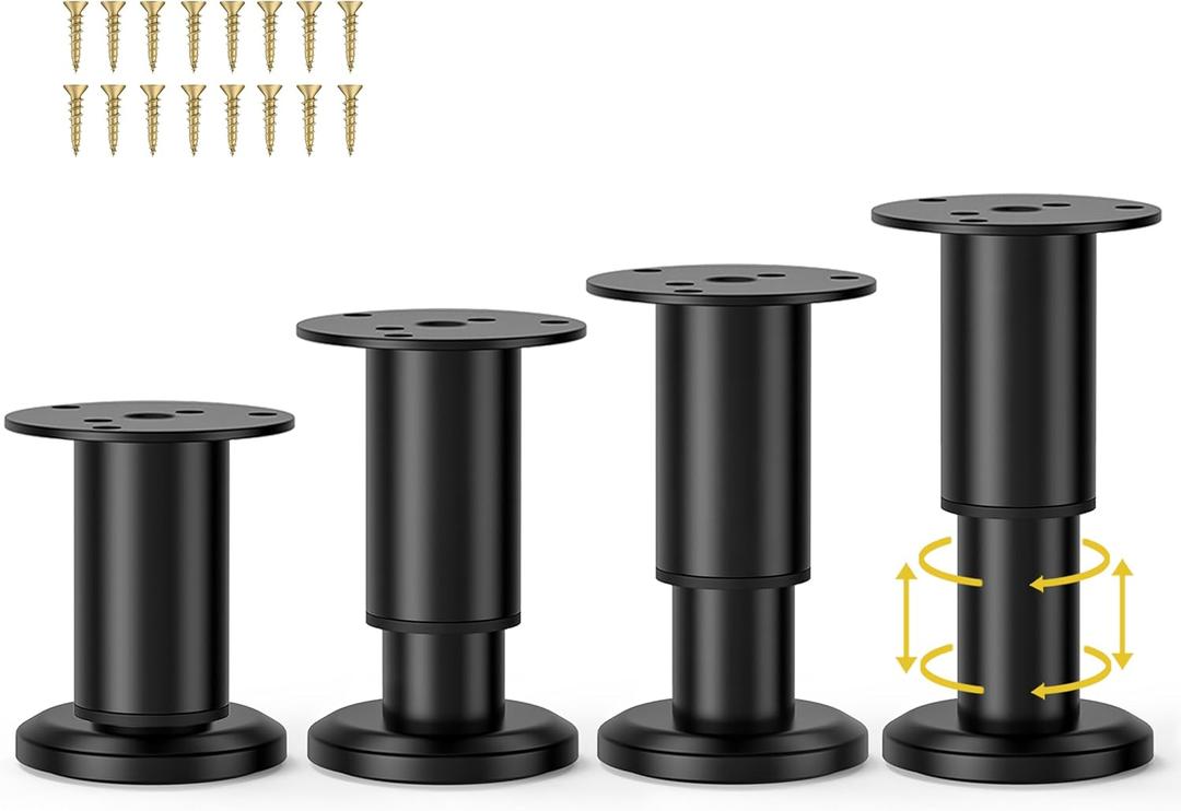 4 Pcs Metal Adjustable Furniture Legs 3.15-4.72 inch, Adjustable Cabinet Legs for Sofa/Bed/Chair/Couch/Dresser/Table,Heavy Duty Bed Replacement Support Legs for Bed Frame/Bed Center Slat (Black)