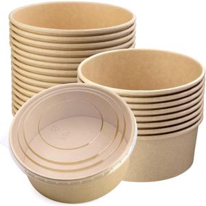 37 Oz 25 Pcs Disposable Paper Bowls with Lids, 1100 ML Disposable Salad Bowls with Lids, Round Shape Kraft Food Containers for Salad, Ice Cream, Yogurt