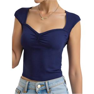 RoseSeek Girl's Ruched Cap Sleeve Tops Sweetheart Neck Slim Fit Cropped T Shirts Cute Summer Clothes, 10 Years, Blue