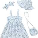 SODLON Toddler Girl Summer Dress Infant Baby Girl Casual Clothes Sleeveless Bowknot Beach Sundress with Hat, 12M 