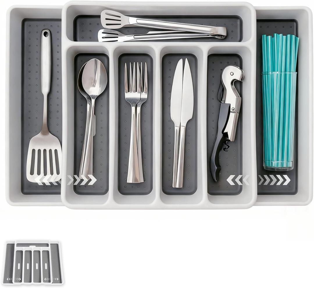 Non-Slip Expandable Silverware Drawer Organizer, Tasteless Large Capacity Thick Plastic Flatware Divider for Silverware, Stationery, Cosmetics and Tools  Minimalist Design and Premium Feel
