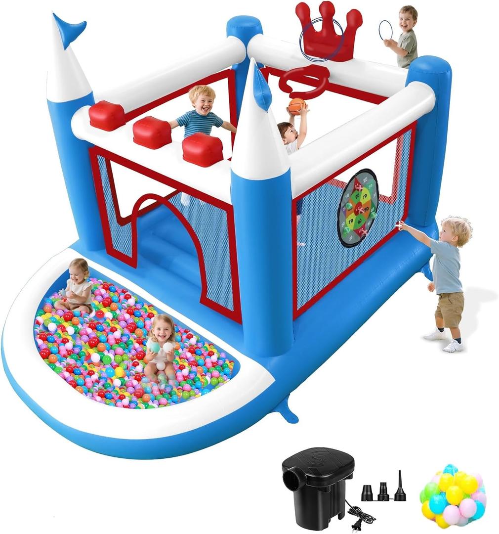 Kids Bounce House with Ball Pit, Basketball Hoop, Target Game and Ring Toss Game PVC Jumping Castle with Electric Air Pump 98x 70x 65 Trampoline for Ages 3-8 Indoor or Outdoor Play