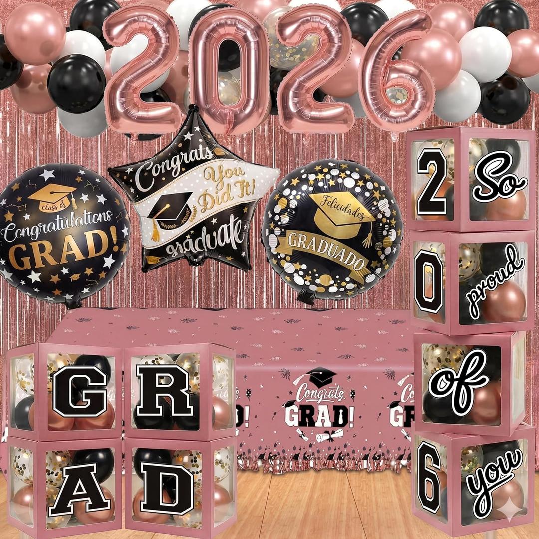 Black and Pink Graduation Decorations Class of 2026 - Graduation Balloon Boxes, Balloon Arch Garland Kit, Fringe Curtains, Party Decorations 2026 for Any Grades