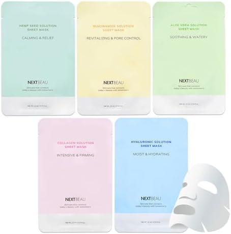 NEXTBEAU PACK OF 13 Solution Sheet Mask Pack 5types x 4pc Aloe, Niacinamide, Collagen, Hemp seed, Hyaluronic Acid, EXP: 11/2027