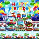 Train Party Supplies , Includes Happy Birthday Party Backdrop, Plates, Cupcake Toppers, Napkins, Cups, Tablecloths, for Train Party Vehicle Party Decorations Serves 20