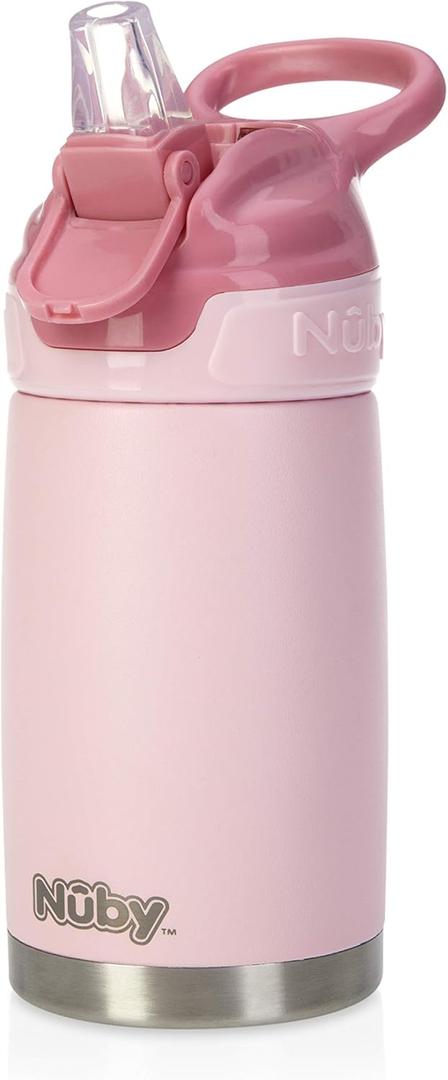 Nuby Thirsty Kids No Spill Flip-It Reflex Stainless Steel Travel Cup or Water Bottle - 10 Oz - 18+ Months - Pink - Back to School Essentials