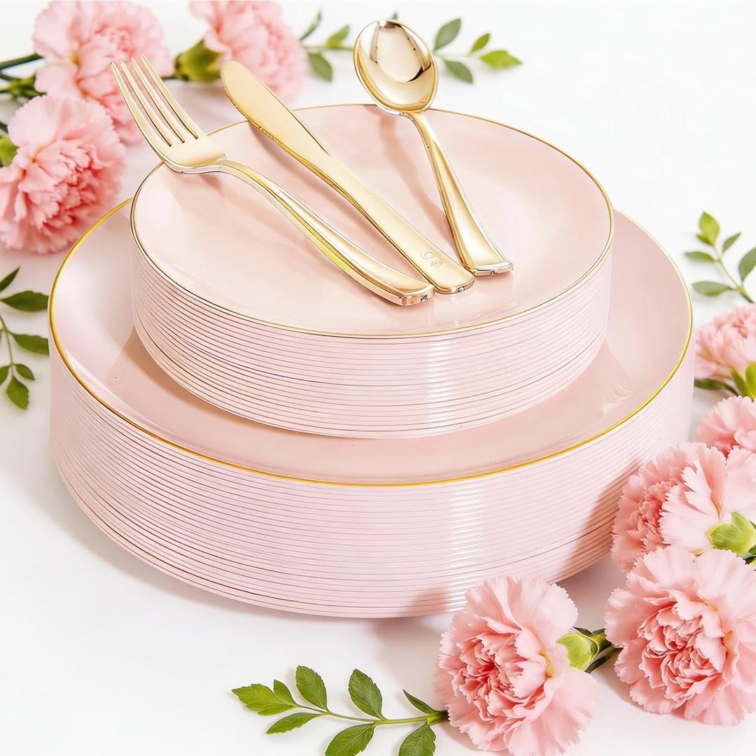 YOUBET 125PCS Pink Plastic Plates - Pink Disposable Plates With Gold Rim - Pinks and Gold Plates Include 25 Dinner Plates, 25 Dessert Plate, 75 Cutlery for Party Wedding Birthday Mothers Day