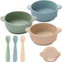 Eascrozn Baby Bowls with Suction and Baby Spoons Set of 3, Silicone Stay Put Bowls and Feeding Spoons for Babies Toddlers Kids, BPA Free,Microwave and Dishwasher Safe (Blue)
