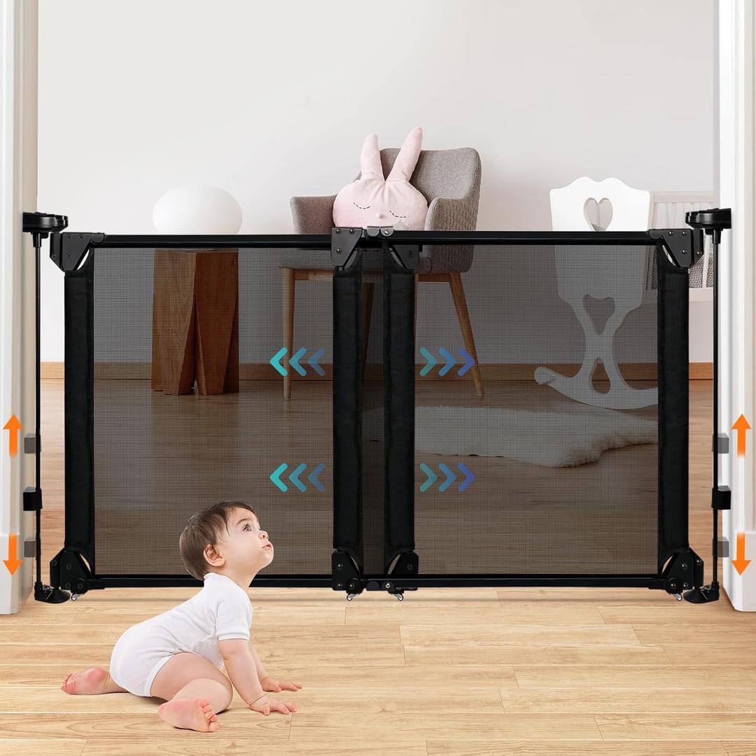 34-55" Adjustable Width Baby Gate, Foldable Dog Gate, Metal Frame, Dual Openings, No Bottom Bar Baby Gate for Stairs, Doorways, Hallways, Porches, Decks, Mesh Gate Child Gate Pet Gate