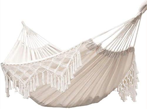 Hammock Brazilian Double Hammocks Soft Comfortable Fabric Cotton Canvas Hanging Portable Two Person Hammock Boho Fringe Large for Adults Backyard Travel (Off White)