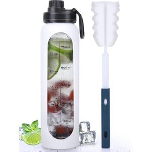 GIEMIT Glass Water Bottles 32oz with Silicone Sleeve Drinking Hydration Bottles Reusable Borosilicate Wide Mouth Motivational Water Flask Canteen with Time Marker Spout Lid and Brush (White - 32 oz)