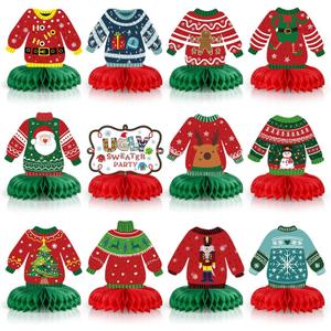 Aoriher 12 Pieces Ugly Sweater Table Decor Christmas Ugly Sweater Honeycomb Centerpieces Xmas Ugly Sweater Party Decorations 3D Table Toppers for Christmas Winter Ugly Sweater Party Supplies