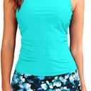Daci Womens Tankini Swimsuits with Skirt - Two Piece Tummy Control Bathing Suits High Neck Swimwear (Blue, S)